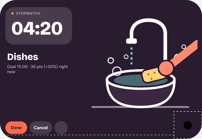 The Figma frame for the landscape stopwatch cover: Stopwatch 04:20, the chore Dishes, buttons Done and Cancel, a washing-up bowl and tap illustration, and the camera-hole corner marked with a dashed box