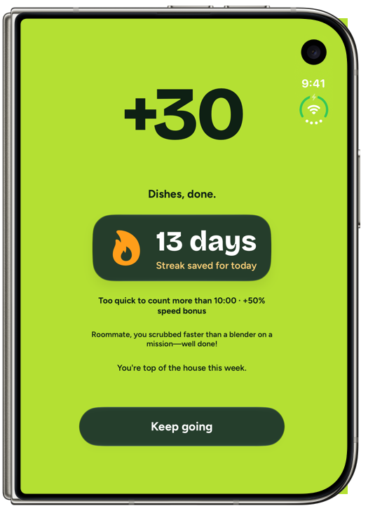 The celebration screen on the folded Duo: +30 points, Dishes done, a 13 day streak saved for today, and a speed bonus line