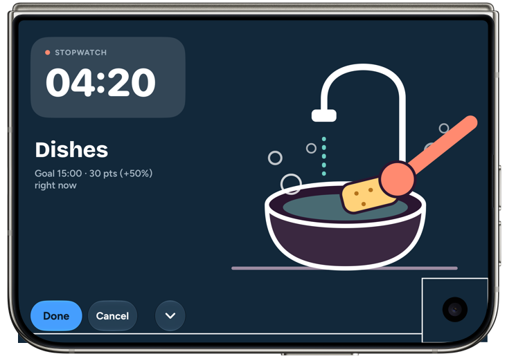 The shipped stopwatch cover on the folded iPhone Duo in landscape: 04:20 on the timer, Dishes, Done and Cancel buttons, and the washing-up bowl illustration, in the Duo bezel