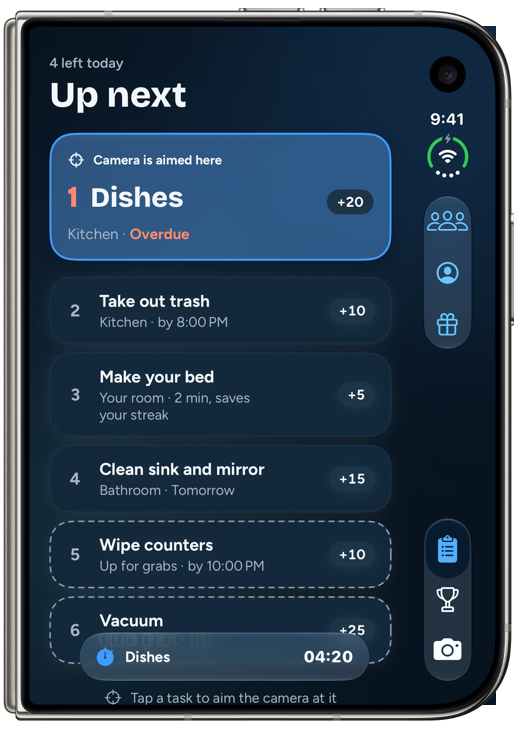 The same Up next screen in the Lagoon theme in dark, with a running Dishes chore pill showing 04:20 above the bottom of the list