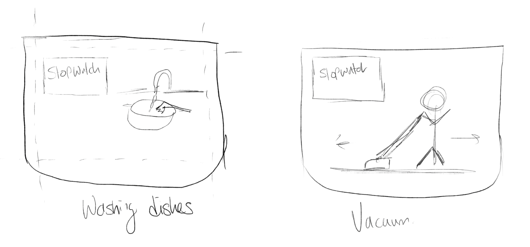 Hand-drawn sketch in Procreate of two folded-Duo cover screens, Washing dishes and Vacuum, each with a stopwatch box and a drawing of the chore