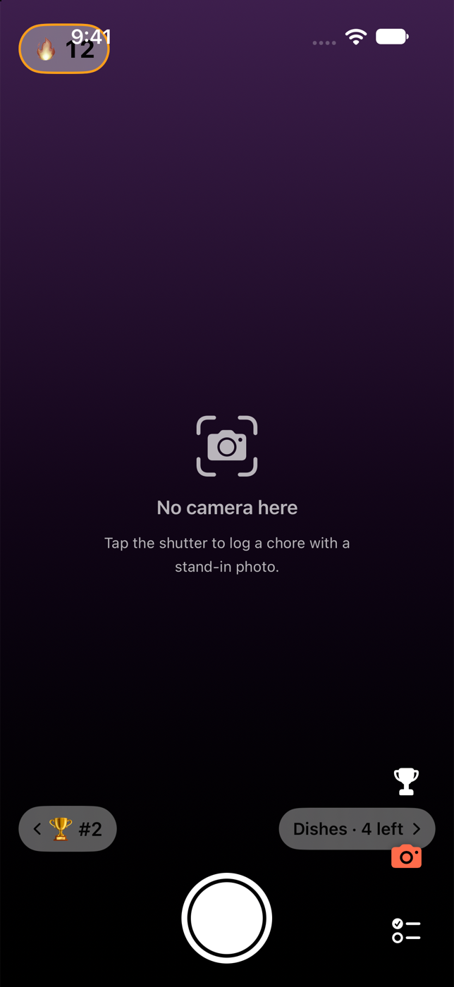 Version 0.1.0 camera screen: system lists, emoji avatars and a transparent icon tab bar