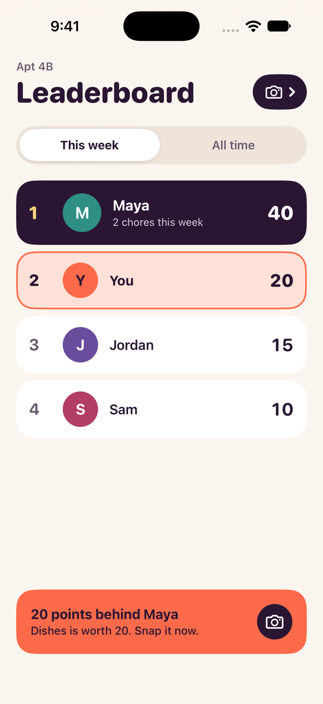 Version 0.2.0 leaderboard screen in the plum and coral palette