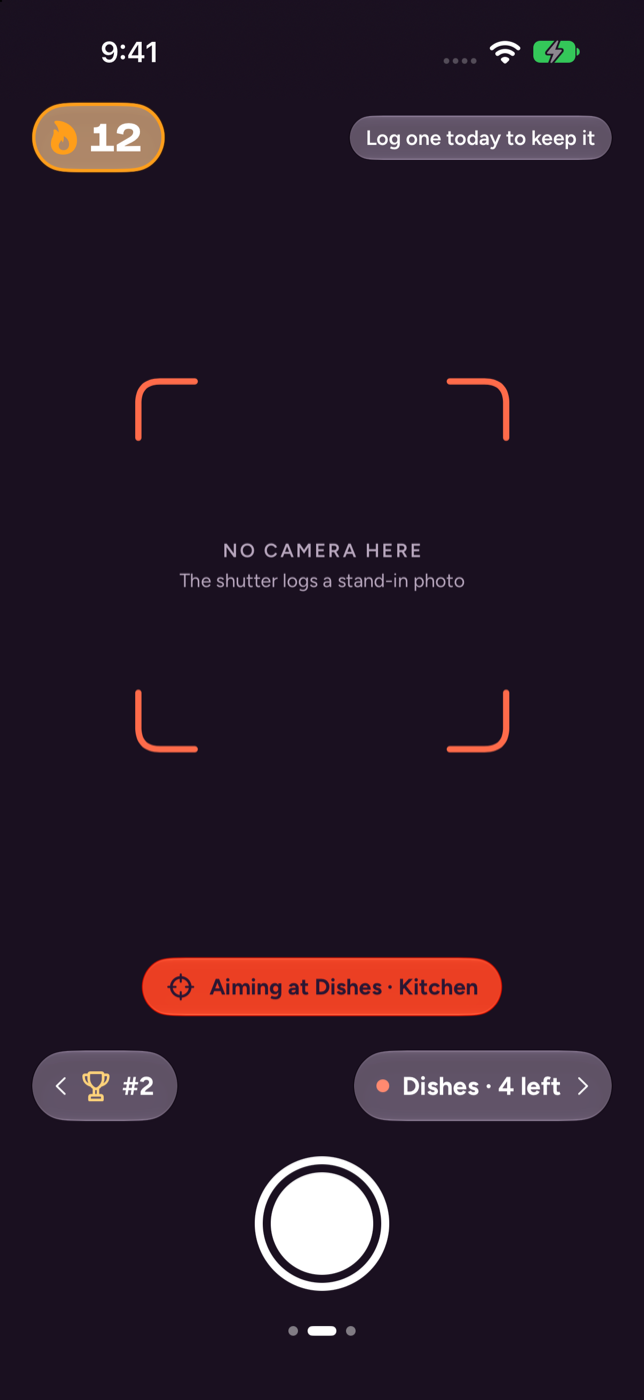 Version 0.3.0 camera screen: one column, an aim chip in the bottom stack, tinted Liquid Glass